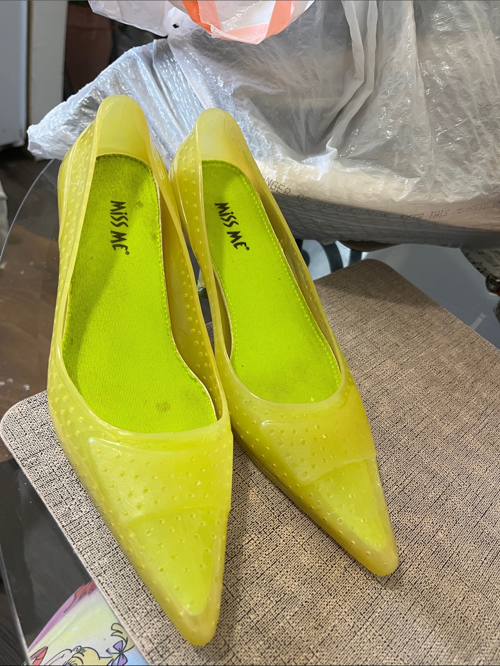 Miss Me Neon Yellow Pointed Toe Jelly Flats